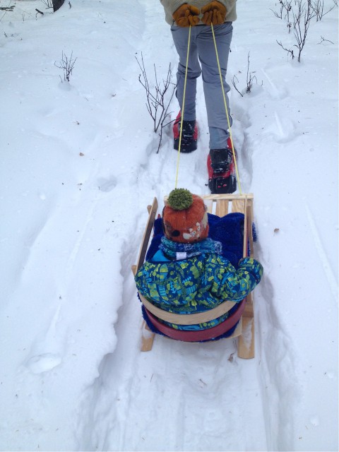 Sam sledding at the cabin