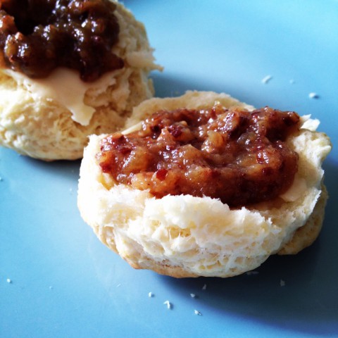 Homemade biscuits (made with coconut oil instead of shortening) and some tasty bacon jam (not homemade).