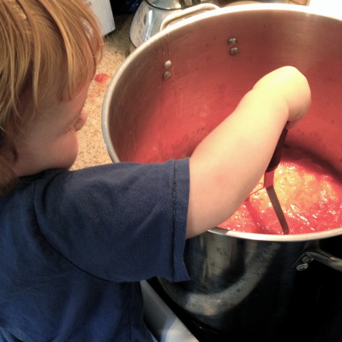 Sam was super helpful crushing the tomatoes for the big pot of sauce we made. This is our first batch of tomato sauce for the season and the first time I've ever canned it instead of freezing. More batches still to make with my little helper.