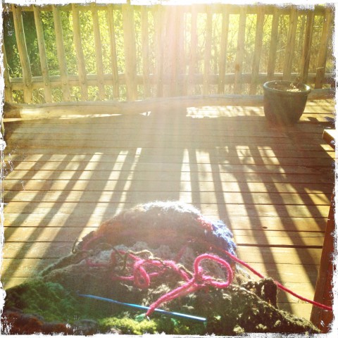 Crocheting on the back deck