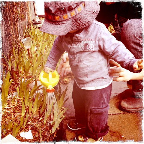 Sam watering plants