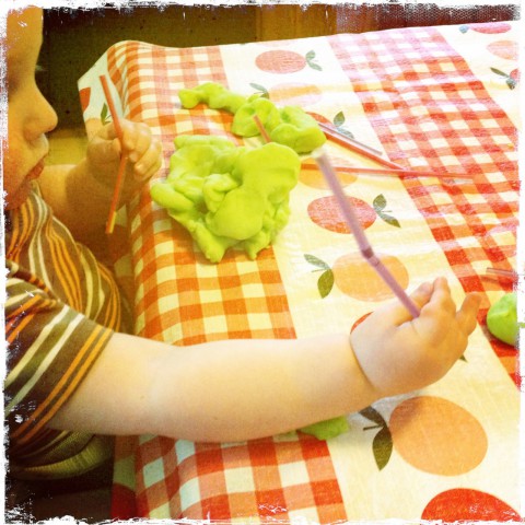 Sam playing with homemade play dough & straws 2