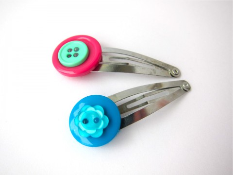 Button Hair Clips Set of Two, Aqua Pink