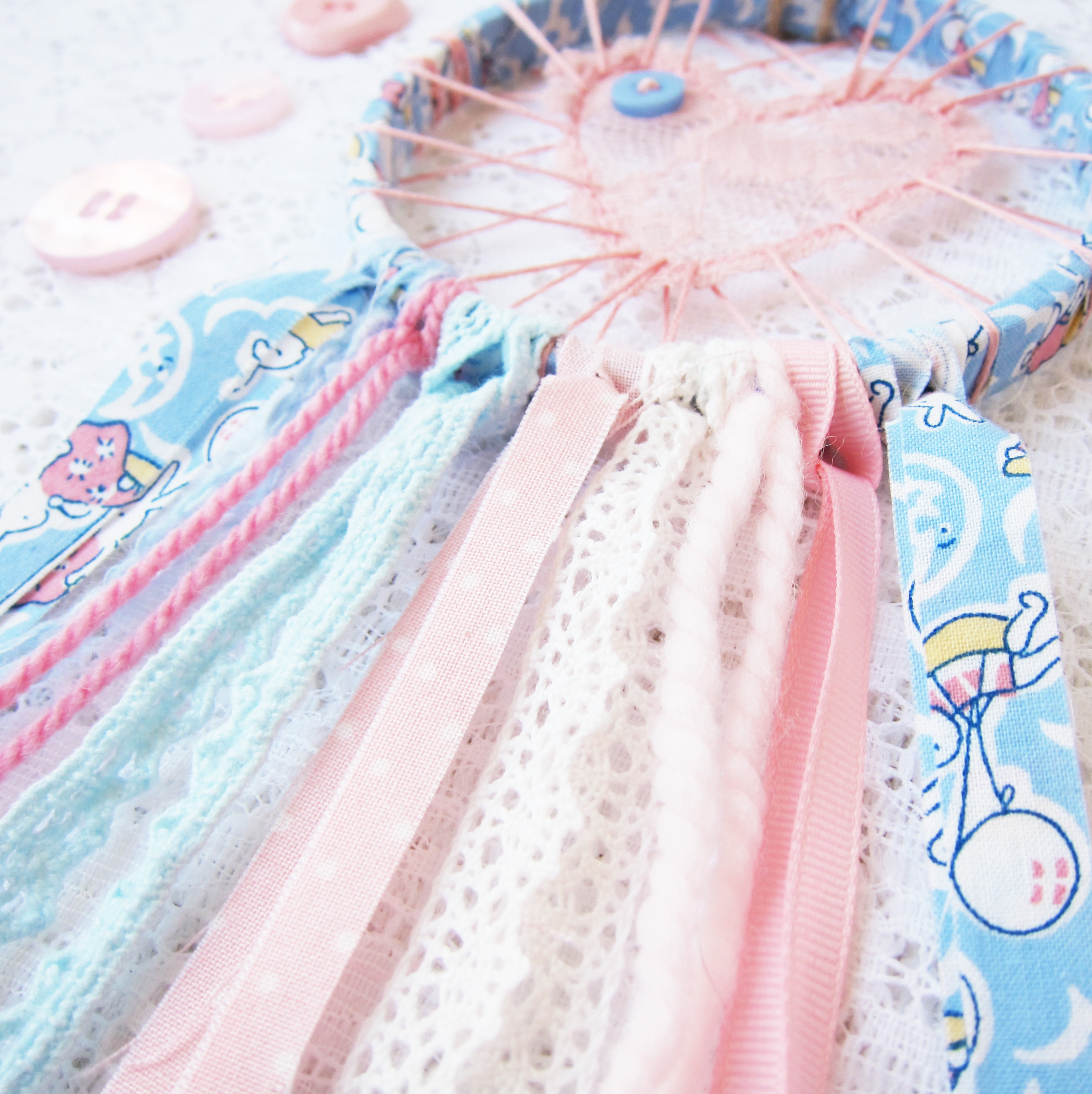 In the Shop: Love Catcher Rainbow ~ From Bubblegum Sass ~ Available through Etsy.com ~Lace dreamcatchers for nursery decor