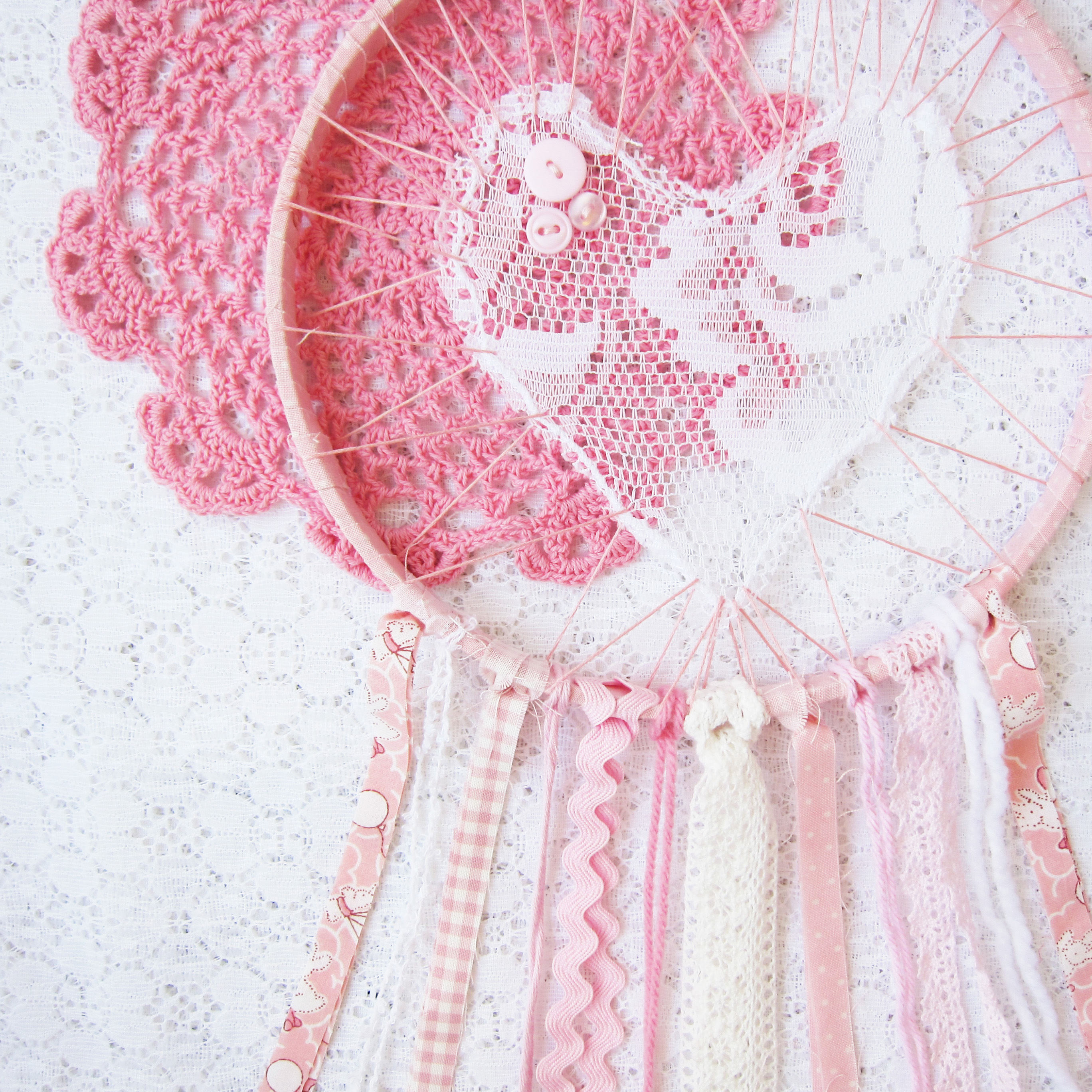 In the Shop: Love Catcher Rainbow ~ From Bubblegum Sass ~ Available through Etsy.com ~Lace dreamcatchers for nursery decor